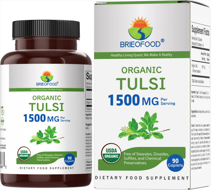 Brieofood Organic Tulsi (Holy Basil) 1500mg, 45 Servings, Vegetarian, Gluten