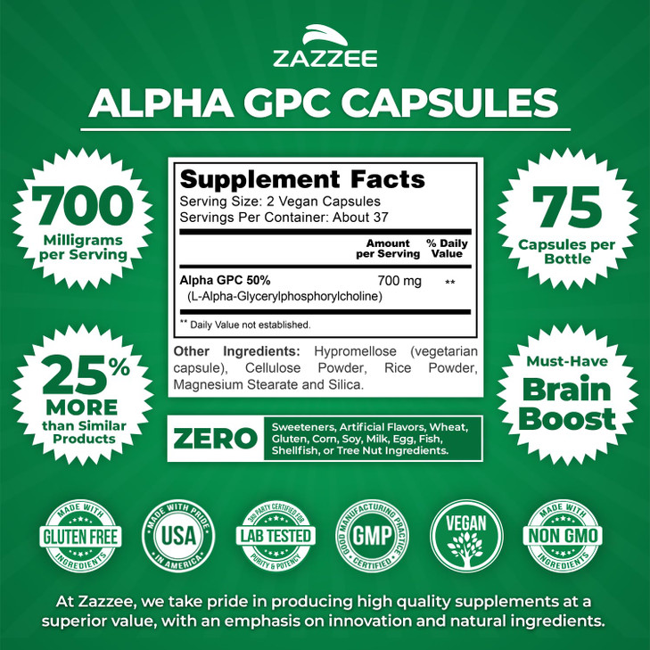 Zazzee Extra Strength Alpha GPC Choline, 700 mg per Serving, 75 Vegan Capsules