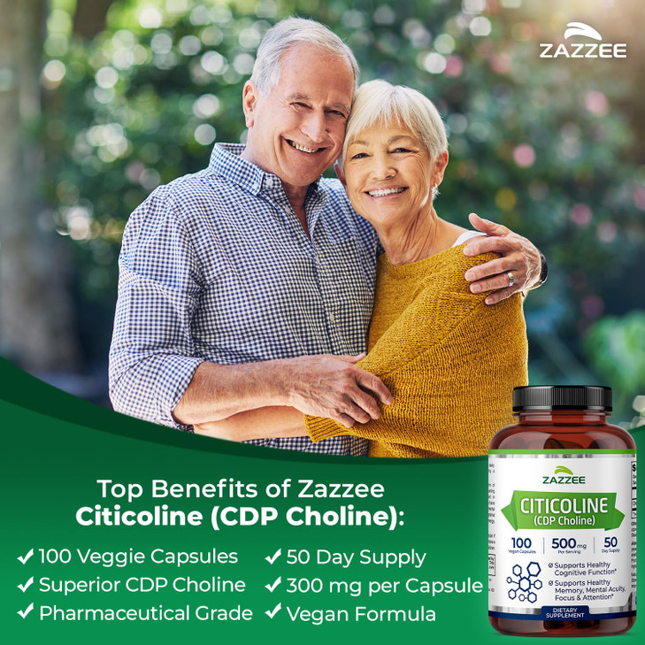 Zazzee Extra Strength Citicoline, 500 mg per Serving, 100 Vegan Capsules