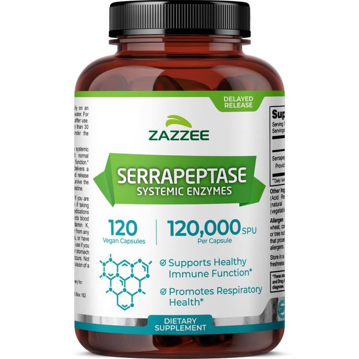 Zazzee Delayed Release Serrapeptase, 120,000 SPU per Capsule, 120 Vegan