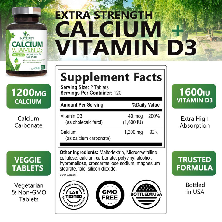 Calcium Supplement 1200 mg - with Vitamin D3 for Best Absorption
