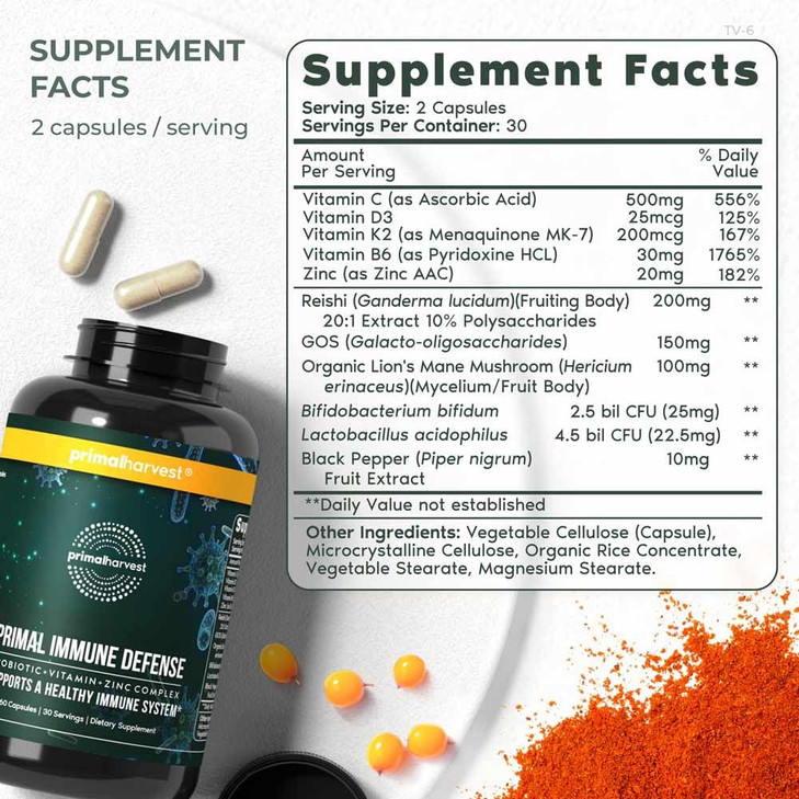 Primal Harvest Immune Defense 10-in-1 Supplement with Probiotics, Zinc