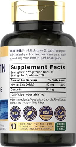 Carlyle Quercetin 500mg Capsules - with 50mg Zinc - 100 Count
