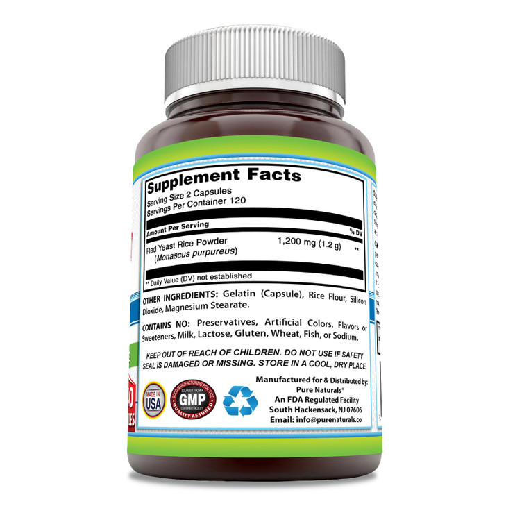 Pure Naturals Red Yeast Rice 1200 Mg per Serving, 240 Capsules Supplement