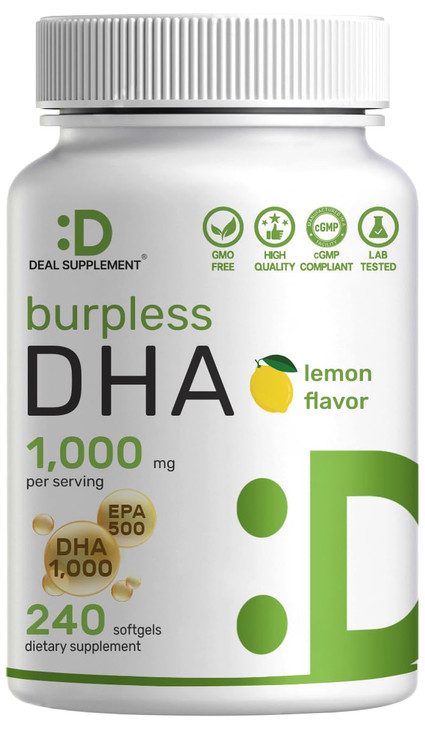 DHA Supplements | 240 Softgels, Burpless, Lemon Flavor,