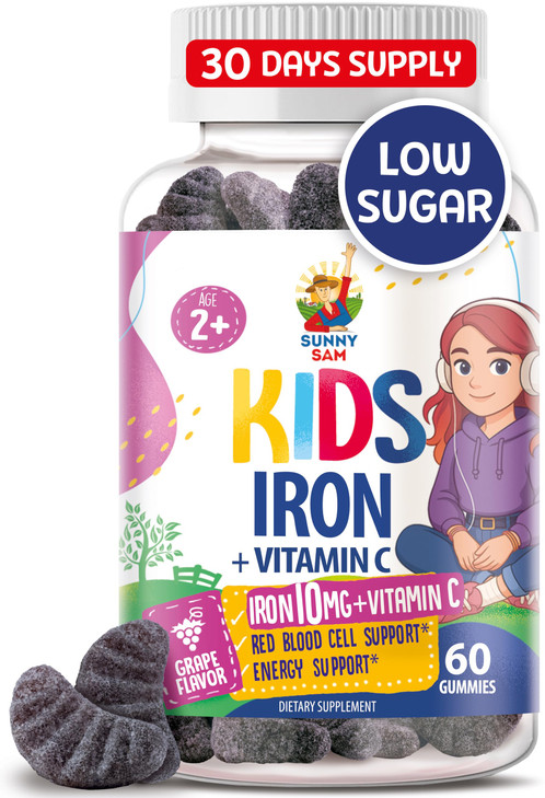SUNNY SAM Iron Gummies for Kids & Teens - 10mg Iron Vitamins with Vitamin C