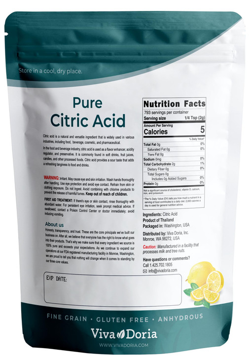 Viva Doria 100% Pure Citric Acid, Food Grade, Fine Grain, 3.5 Pounds (56 Ounces)