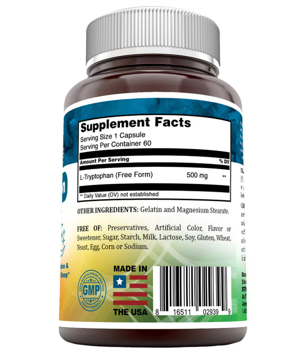 Nutri Essentials L-Tryptophan Dietary Supplement 500 mg 60 Capsules (Non-GMO)
