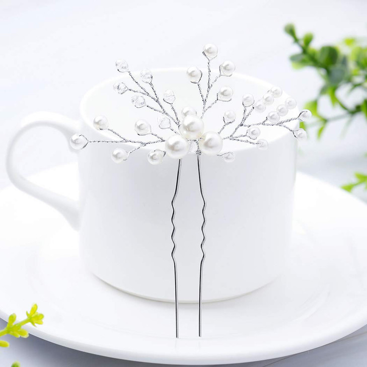 Artio Pearl Bride Wedding Hair Pins Silver Hair Piece Bridal Hair Accessories for Women 2PCS (Silver)
