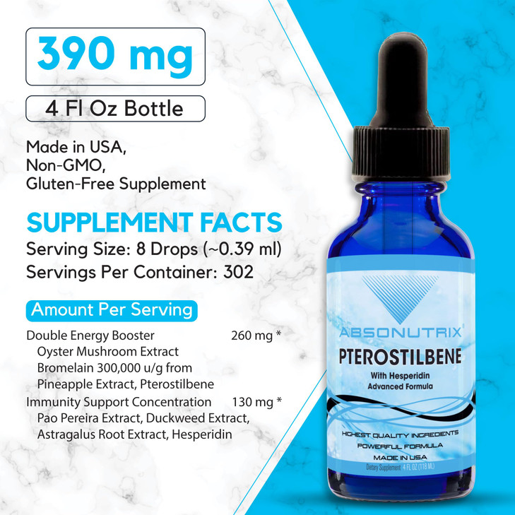 Absonutrix Pterostilbene with Hesperidin 390 mg, 4 Oz Liquid, 300 Servings, Made