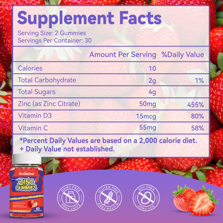 SmildeHeal Zinc Gummies, Zinc 50mg, Zinc Citrate, with Vitamin C, Vitamin D3