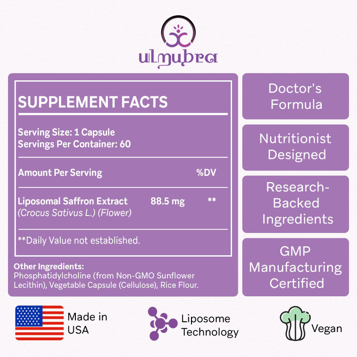 Liposomal Saffron Supplements 88.5 mg, Maximum Absorption, 100% Pure Saffron