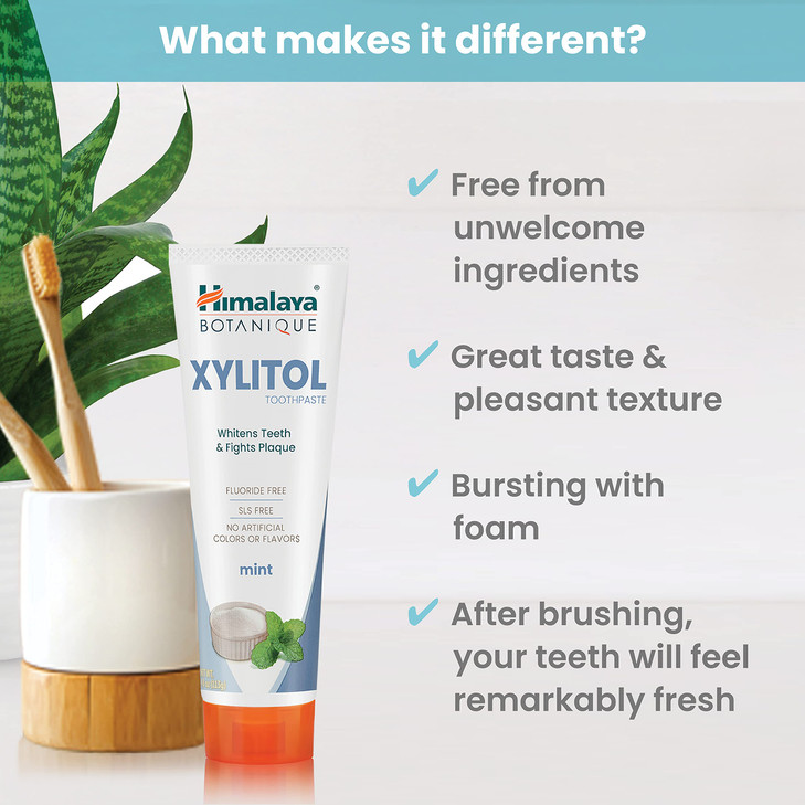 Himalaya Botanique Xylitol Toothpaste, Mint Flavor - Fluoride Free Toothpaste to Whiten Teeth, Fight Plaque and for Fresh Breath - Vegan, Gluten Free