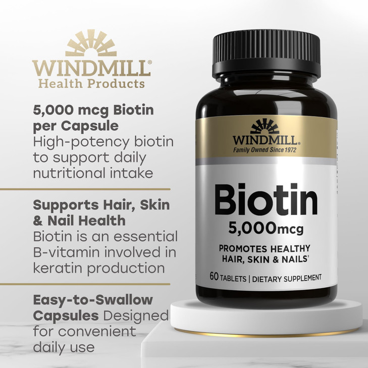 Windmill Natural Vitamins Biotin 5000 mcg, Supports Healthy Hair, Skin & Nails