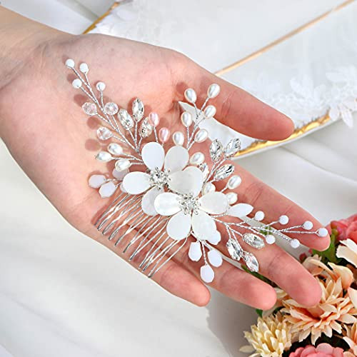GORAIS Silver Opal Pearl Crystal Rhinestone Wedding Hair Comb Bridal Hair Piece Headpiece for Women and Girls