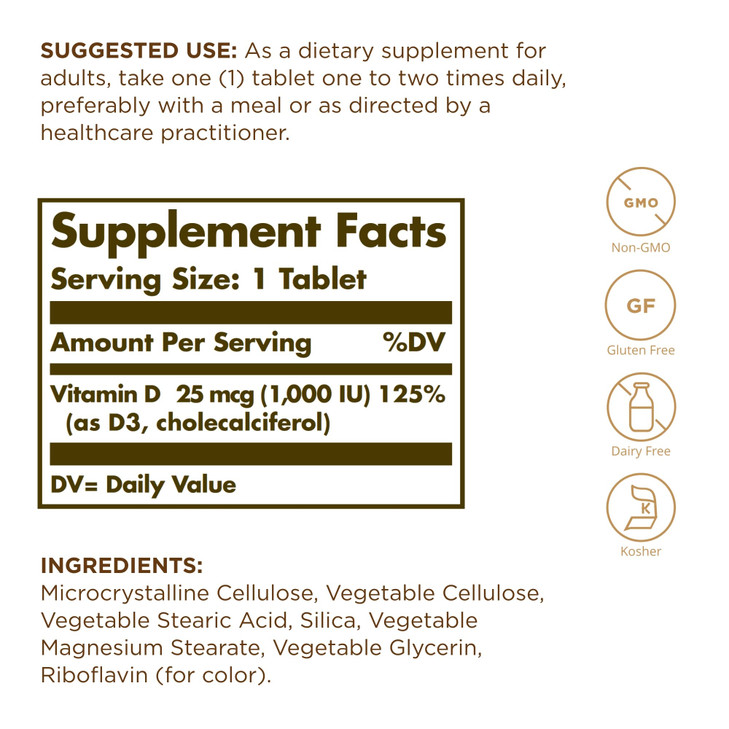 Solgar, Vitamin D3 (Cholecalciferol) 1000 Iu Tablets, 90 Count