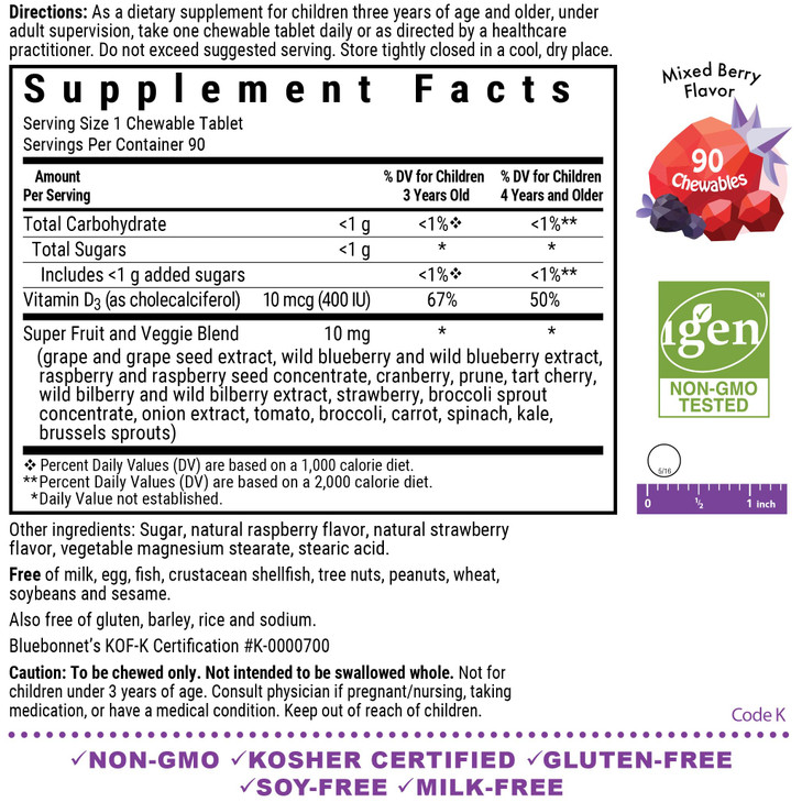 Bluebonnet Nutrition Rainforest Animalz Vitamin D3 400 IU Chewable Tablet, Soy