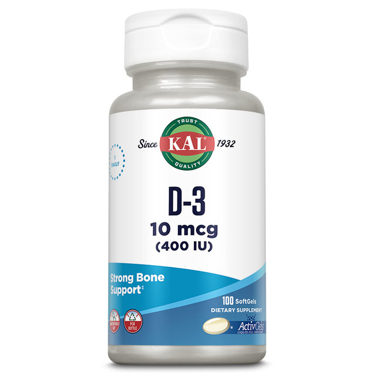 KAL Vitamin D3 400 IU Softgels (10 mcg), Active Form of Vitamin D, Calcium