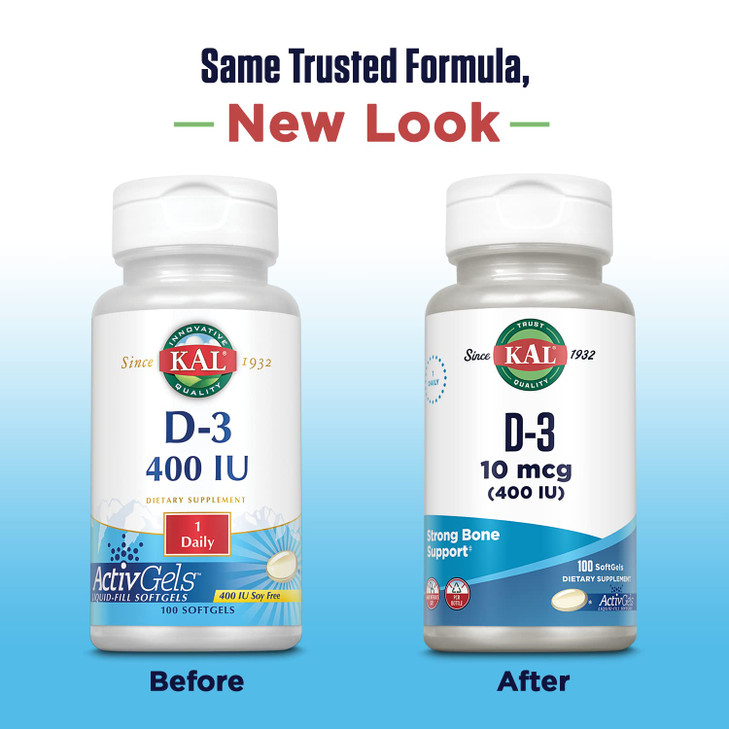 KAL Vitamin D3 400 IU Softgels (10 mcg), Active Form of Vitamin D, Calcium