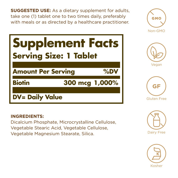 Solgar Biotin 300 mcg - 100 Tablets - Supports Healthy Skin, Nails & Hair