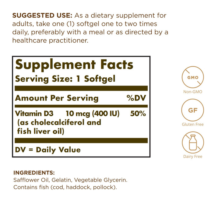 Solgar Vitamin D3 (Cholecalciferol) 10 MCG (400 IU), 100 Softgels