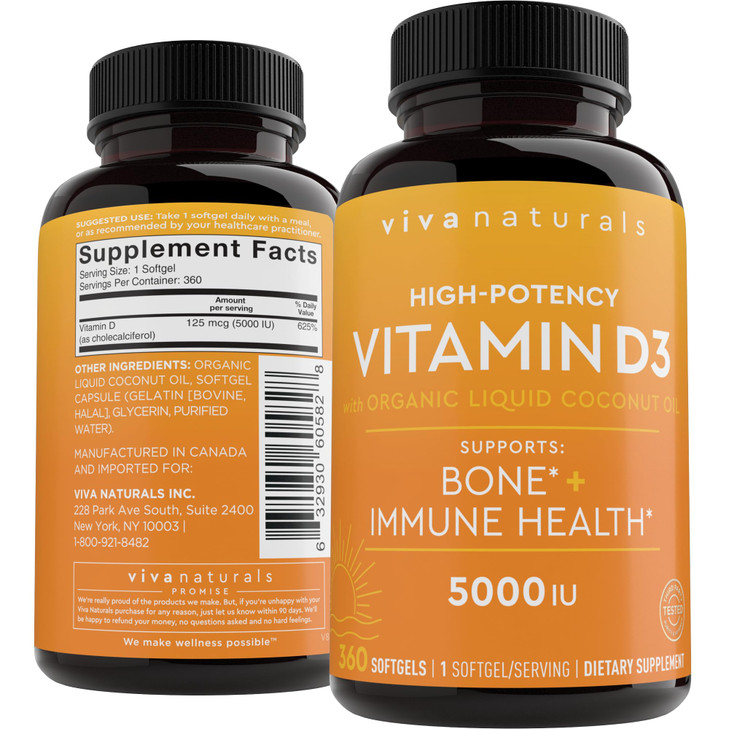 Viva Naturals Vitamin D3 5000 IU Softgels, 360 Count (125 mcg), Supports Bone &