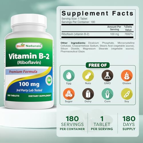 Best Naturals Vitamin B2 (Riboflavin) 100 mg 180 Tablets