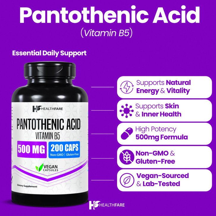 Healthfare Pantothenic Acid 500mg Vitamin B5 Supplement