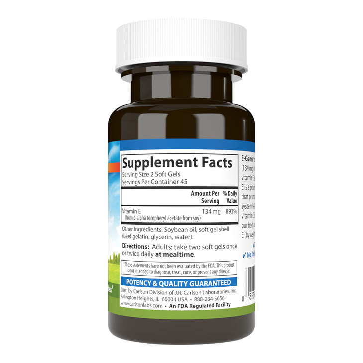 Carlson E-Gems 200 IU (134 mg), Natural-Source Vitamin E, Optimal Wellness, 90
