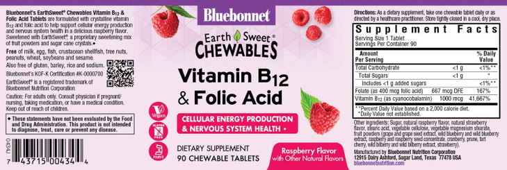 Bluebonnet Nutrition Earth Sweet Vitamin B12 & Folic Acid Chewable Tablets