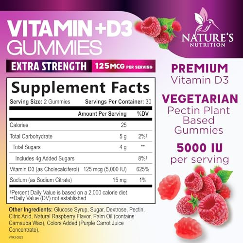 Vitamin D3 Supplement Gummy 5000 IU (125 mcg) Dietary Vitamins D for Men & Women - Bone, Teeth, Muscle and Immune Health Support, High Potency VIT D3