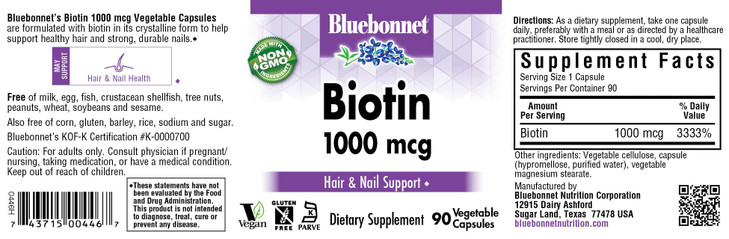 Bluebonnet Nutrition Biotin 1000 Mcg Vegetable Capsules, Biotin is a B Vitamin