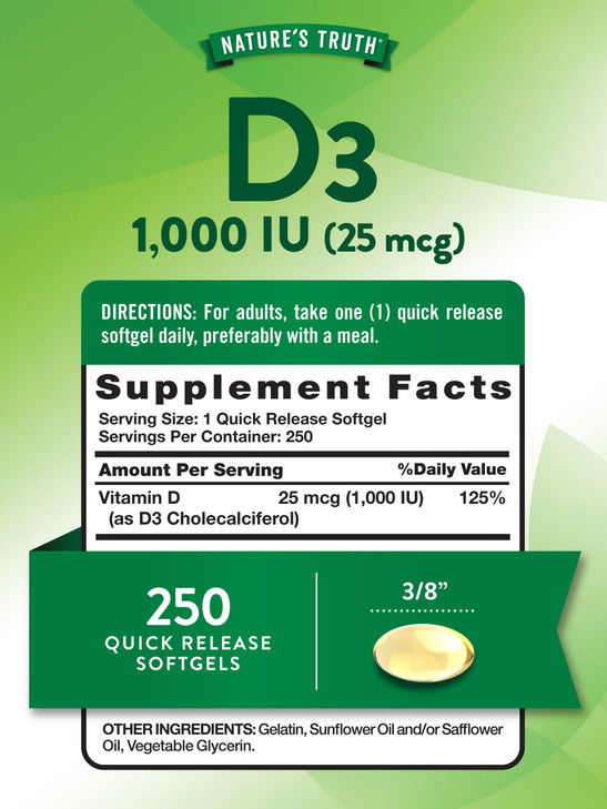 Nature's Truth D3 1000 IU - 250 Softgels - Essential Vitamin D