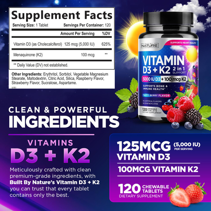 Vitamin D3 K2 - Chewable Vitamin D 5000 IU & K2 MK-7 100 mcg
