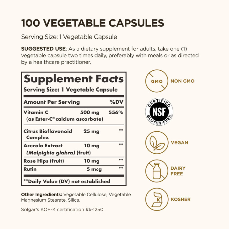 Solgar Ester-C Plus 500 mg Vitamin C (Ascorbate Complex), 100 Vegetable Capsules