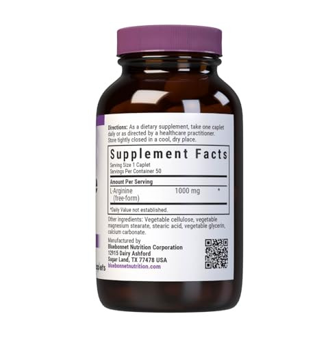 Bluebonnet Nutrition L-Arginine 1000mg, Free-Form Amino Acid, Nitric Oxide