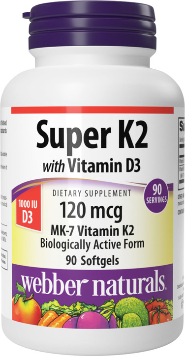 Webber Naturals Super Vitamin K2 MK-7 120 mcg with Vitamin D3, 90 Softgels