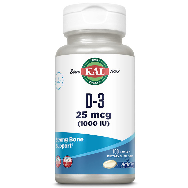 KAL Vitamin D3 1000 IU Softgels (25 mcg), Active Form of Vitamin D, Calcium