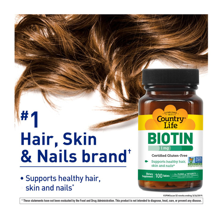 Country Life Biotin 1mg Supports Healthy Hair, Skin & Nails, 100 Tablets