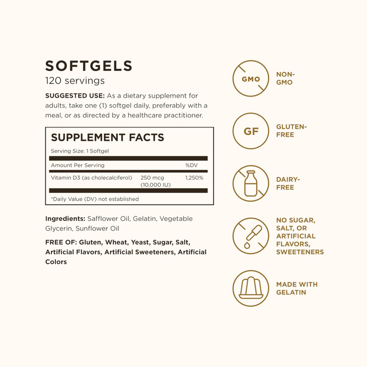 Solgar Vitamin D3 (Cholecalciferol) 250 MCG (10,000 IU), 120 Softgels