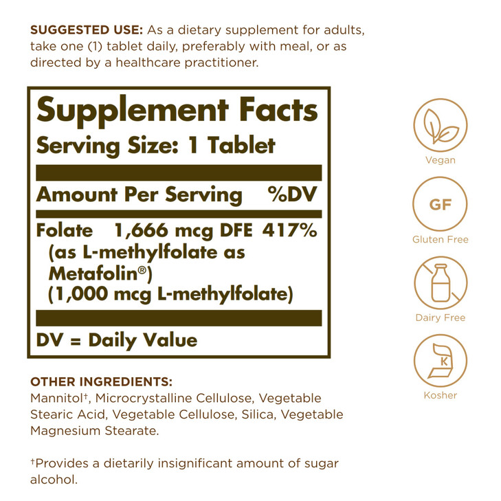 Solgar Folate 1000 mcg, 60 Tablets - 1000 mcg Bio-Active Metafolin