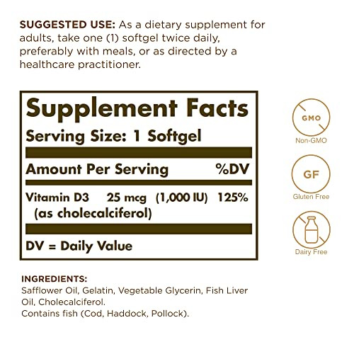 Solgar Vitamin D3 (Cholecalciferol) 25 MCG (1000 IU), 250 Softgels