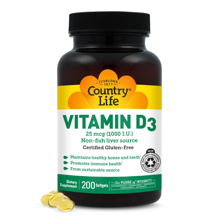 Country Life Vitamin D3 1000 IU Soft Gels, 200 Count