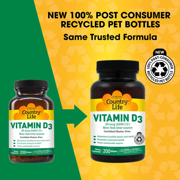 Country Life Vitamin D3 1000 IU Soft Gels, 200 Count