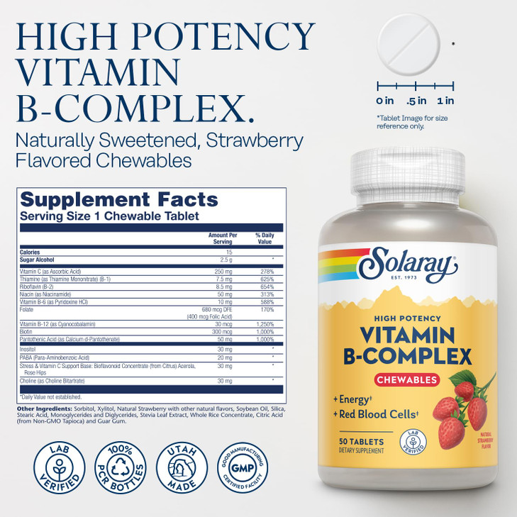 SOLARAY Vitamin B-Complex Chewables, Strawberry, Healthy Energy, Red Blood Cell