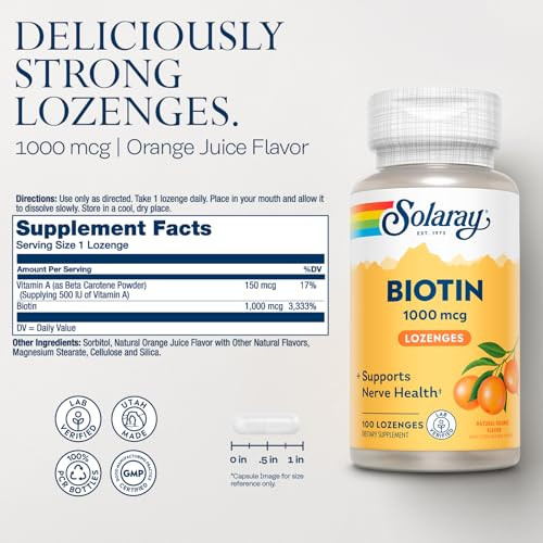 SOLARAY Biotin 1000mcg Lozenges - Biotin Supplement with Vitamin