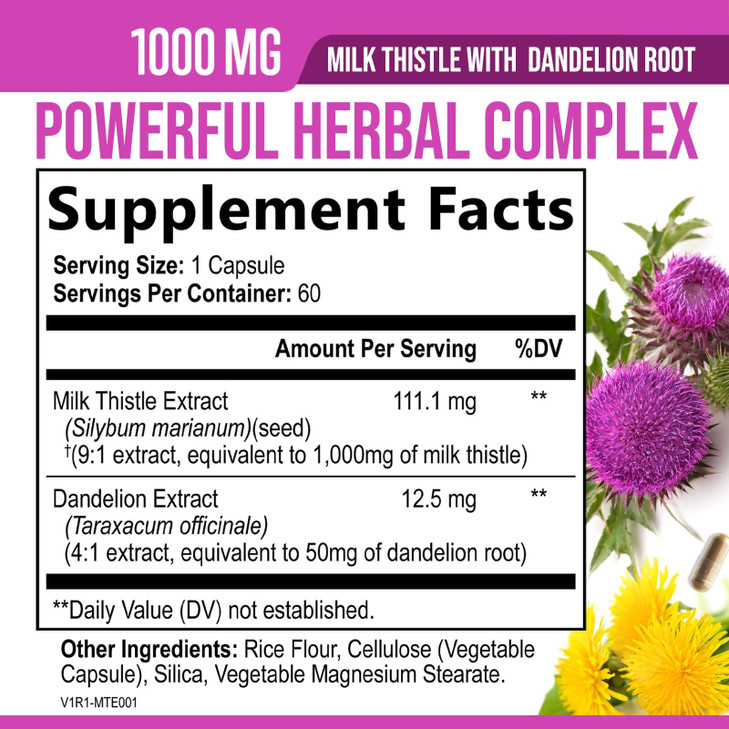 Milk Thistle Supplement - 9:1 Strength Liver Health Support with Dandelion Root & Silymarin Marianum, Liver Cleanse Detox & Repair 1000mg Equivalent