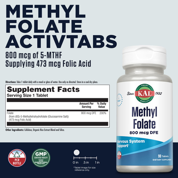 KAL Methyl Folate 800 mcg DFE, 5-MTHF Active Form Vitamin B9, Folic Acid