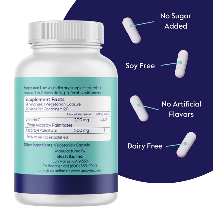 BESTVITE Ascorbyl Palmitate 500mg (120 Vegetarian Capsules)