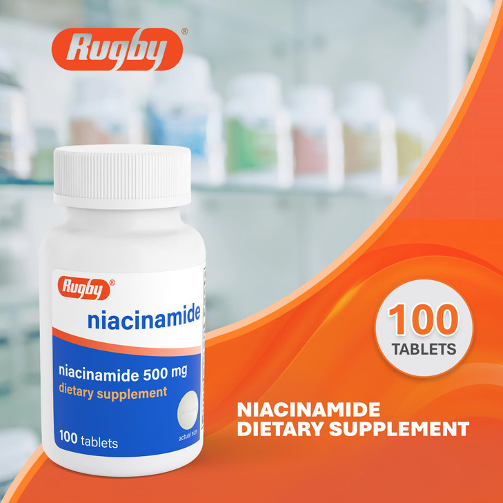 Rugby Niacinamide 500 mg Tablets, Gluten-Free Dietary Supplement for Adults